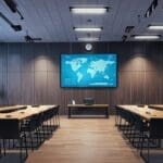 Sala de reuniones moderna en un edificio corporativo tecnológico con pantallas y gráficos sobre inversión en criptomonedas.