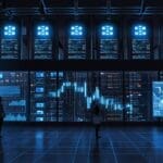 Interiores de un centro de datos moderno con luces LED y servidores blockchain en acción.