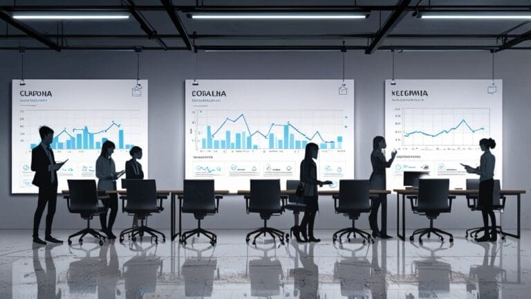 Oficina moderna con equipos tecnológicos y gráficos de marketing digital en pantallas