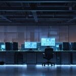 Oficina moderna con computadores y servidores iluminados, simbolizando tecnología avanzada