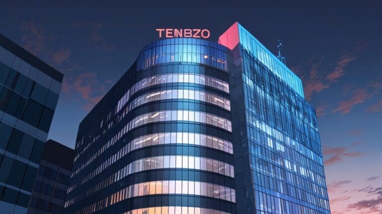 Edificio moderno tecnológico al atardecer, simbolizando la innovación y digitalización