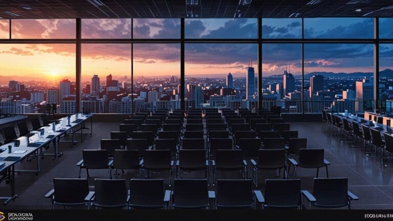 Vista panorámica de un centro de conferencias tecnológico moderno al amanecer.