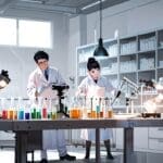 Laboratorio moderno con científicos investigando bajo luz blanca