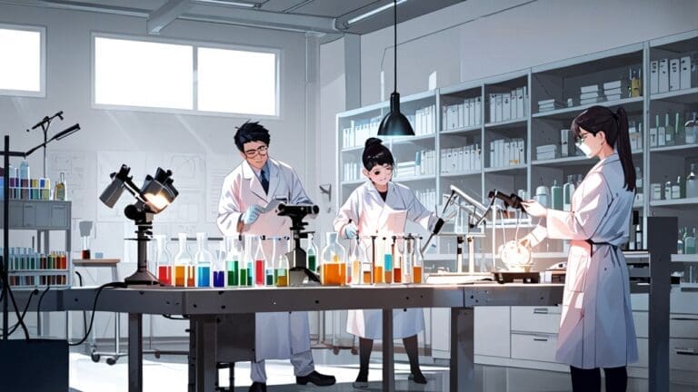 Laboratorio moderno con científicos investigando bajo luz blanca