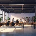 Vista moderna de un espacio de coworking tecnológico con jóvenes emprendedores trabajando en laptops.