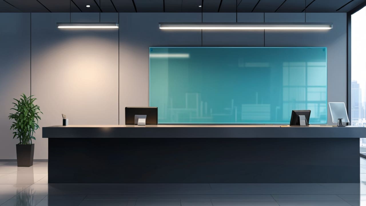 Dispositivo POS moderno sobre una mesa de vidrio con fondo de oficina tecnológica
