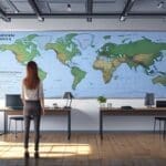 Oficina moderna con pantallas mostrando mapas de expansión de una startup tecnológica