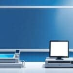 Dispositivo POS moderno sobre un fondo de tonos azules tecnológicos