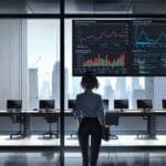 Oficina moderna y tecnológica vista desde el interior con pantallas de datos