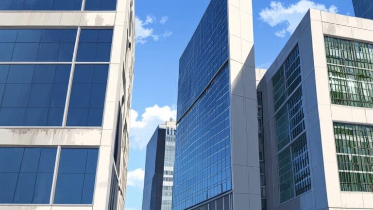 Edificios modernos rodeados por vegetación y paneles solares bajo un cielo despejado