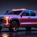 Pickup eléctrica futurista en un evento de lanzamiento con luces brillantes