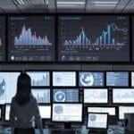 Oficinas modernas con computadoras y pantallas digitales mostrando gráficos de datos.