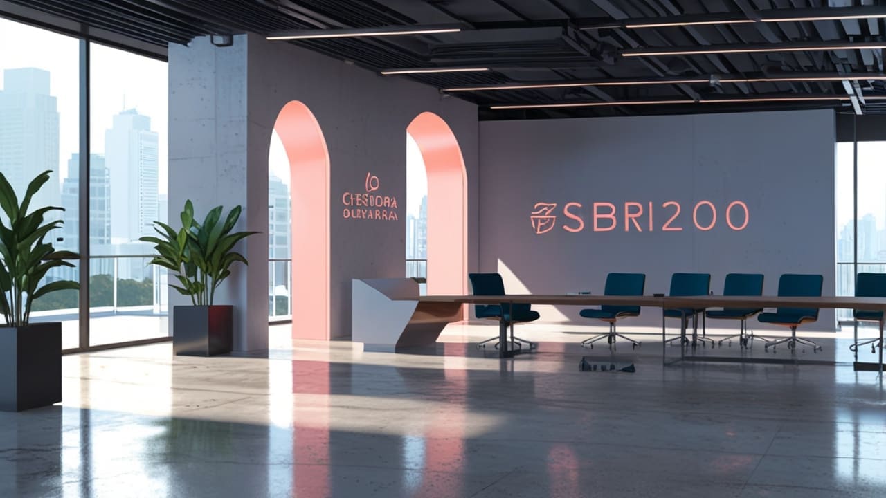 Oficinas de gobierno con diseño futurista y tecnológico, al estilo de una startup moderna.