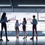 Oficina moderna con pantallas mostrando gráficos de startups tecnológicas