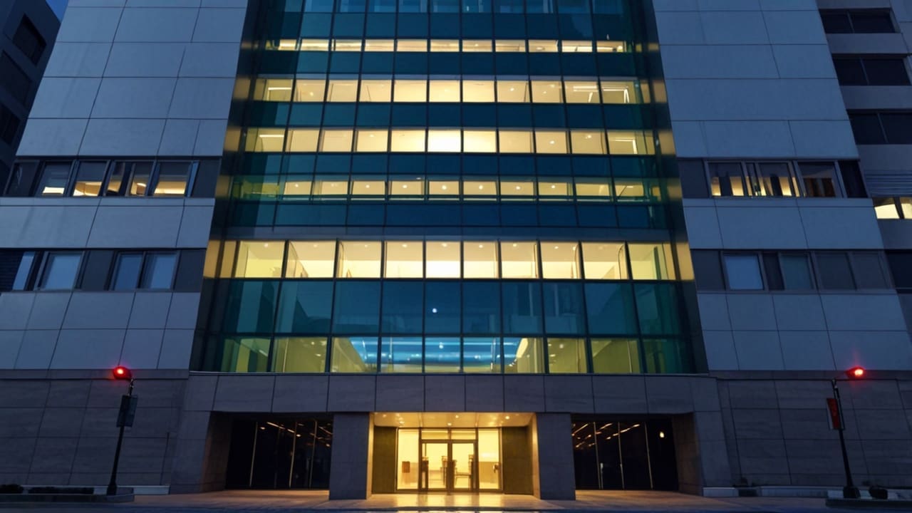 Fachada de un edificio financiero moderno al anochecer con luces encendidas