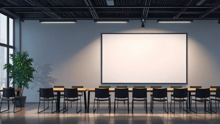 Moderno centro de reuniones empresariales con pantallas de presentación y ambiente tecnológico.