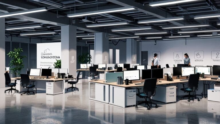 Oficinas modernas de una startup tecnológica con ordenadores y equipo trabajando en innovación.