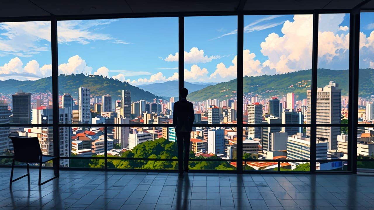 Vista panorámica de un centro tecnológico moderno en Medellín con rascacielos al fondo