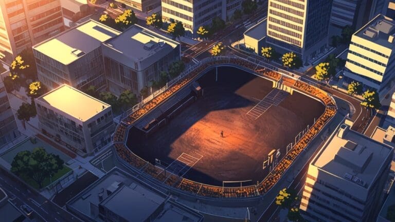 Vista aérea de un centro de conferencias en una ciudad minera al amanecer.