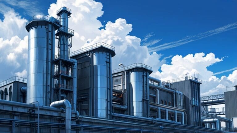 Edificios tecnológicos modernos en un parque industrial bajo un cielo azul