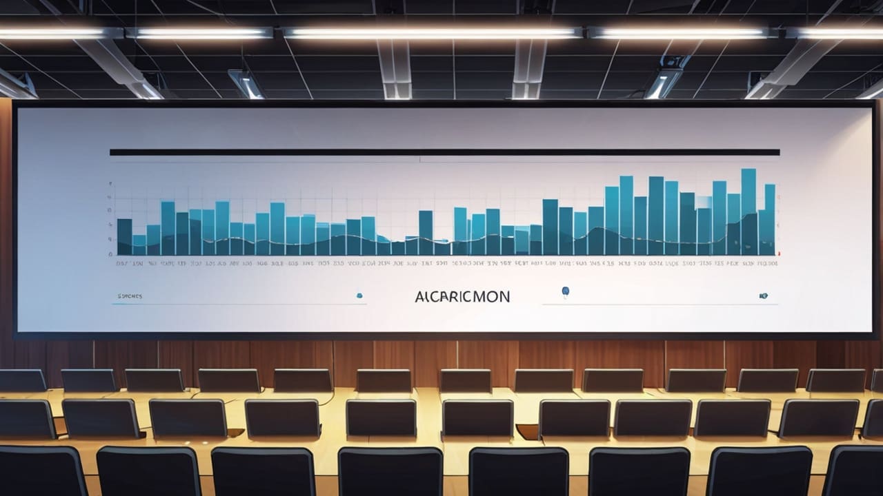 Moderna sala de conferencias con pantallas digitales mostrando gráficos de crecimiento.