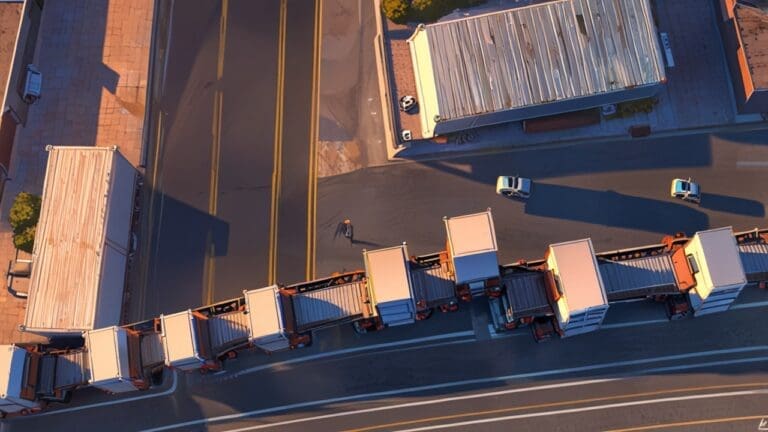 Edificios tecnológicos y camiones de carga junto a robots de manejo logístico, vista aérea al atardecer