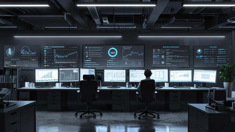 Oficina moderna con equipos tecnológicos y gráficos de crecimiento en monitores