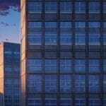 Edificios modernos con diseño tecnológico rodeados por naturaleza al amanecer