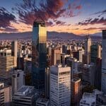 Vista panorámica de edificios modernos en una ciudad de Chile al atardecer.