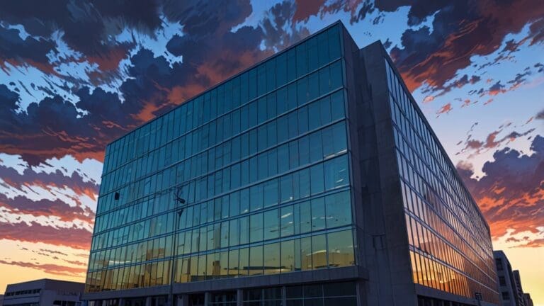 Edificio de oficinas tecnológico en Querétaro con cielo despejado y atardecer