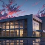 Exterior de una planta de fabricación de automóviles de estilo futurista y moderno al amanecer