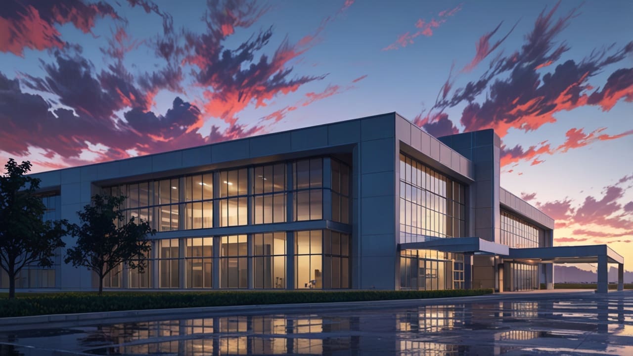Exterior de una planta de fabricación de automóviles de estilo futurista y moderno al amanecer