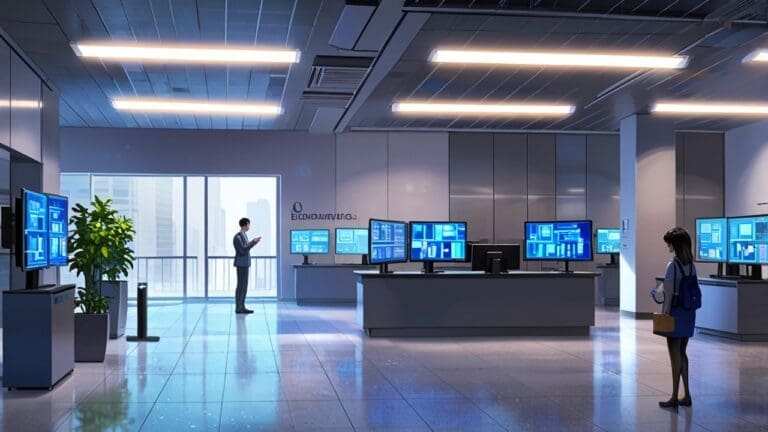 Interior moderno de un centro de innovación tecnológica con estaciones de trabajo y pantallas digitales.