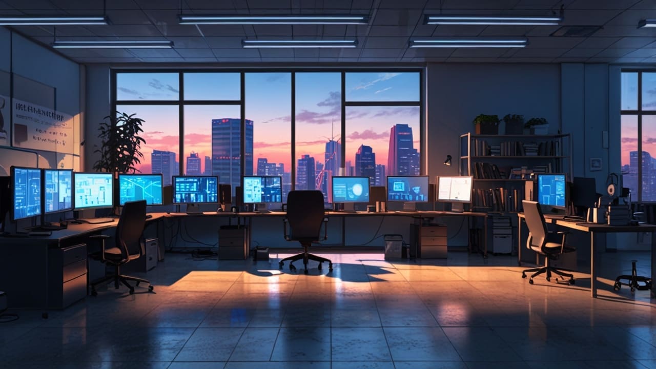 Oficina moderna con computadoras y tecnología avanzada en una ciudad tecnológicamente desarrollada al amanecer