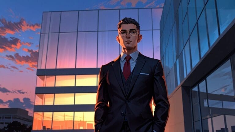 Retrato de un empresario frente a un edificio moderno con fachada de vidrio al atardecer