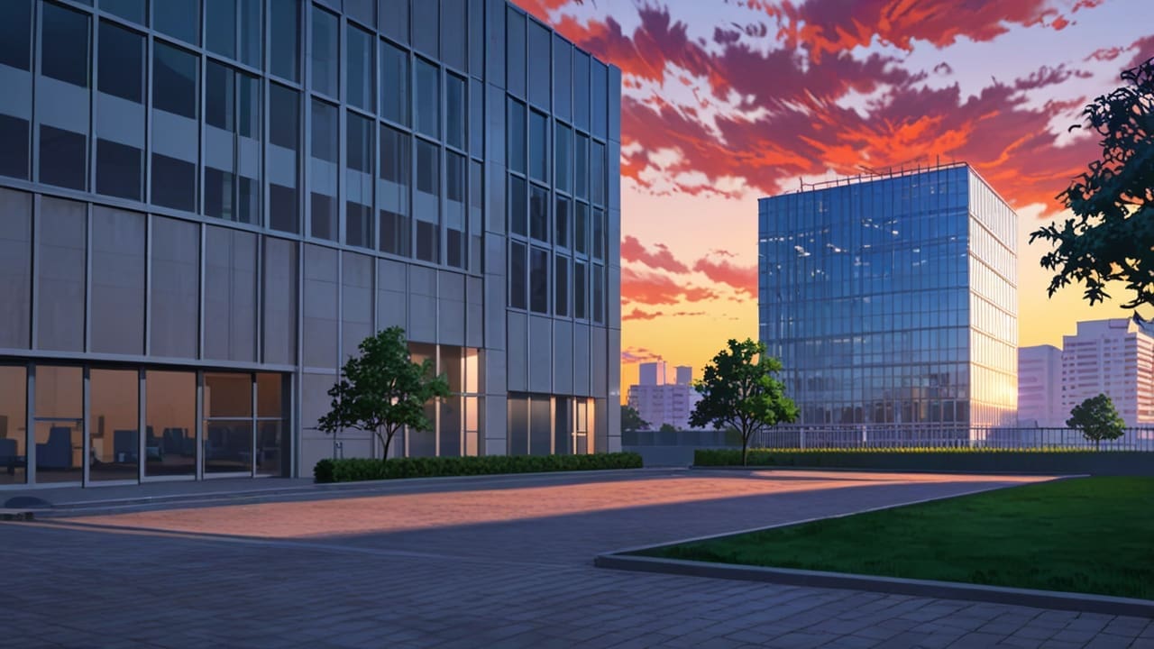 Parque empresarial moderno con edificios tecnológicos y conexión vial al atardecer