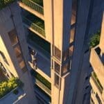 Vista aérea de un edificio moderno rodeado de naturaleza con ambiente tecnológico al atardecer
