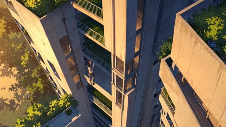 Vista aérea de un edificio moderno rodeado de naturaleza con ambiente tecnológico al atardecer