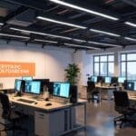 Interior moderno de oficina startup con escritorios y ordenadores en un ambiente vibrante de innovación