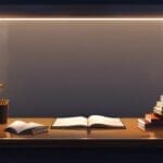Libros abiertos en una mesa moderna en un entorno de oficina tecnológica con luz natural