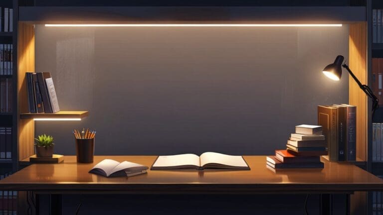 Libros abiertos en una mesa moderna en un entorno de oficina tecnológica con luz natural