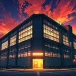 Centro de datos futurista con luces LED en un entorno industrial al atardecer