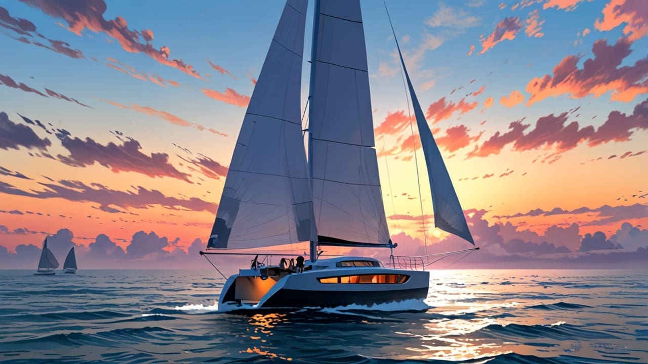 Velero moderno navegando en alta mar al amanecer, con un diseño futurista y ecológico