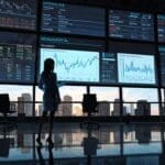 Oficina moderna con tecnología avanzada y gráficos financieros en pantalla