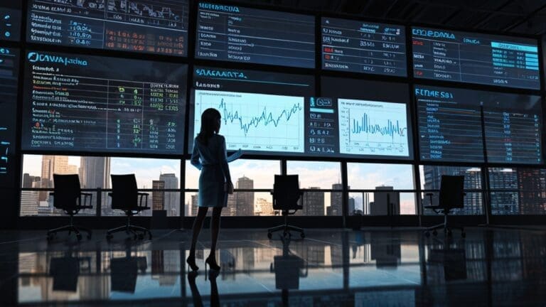 Oficina moderna con tecnología avanzada y gráficos financieros en pantalla