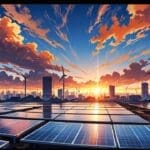 Vista moderna de un centro de innovación tecnológica con paneles solares al amanecer