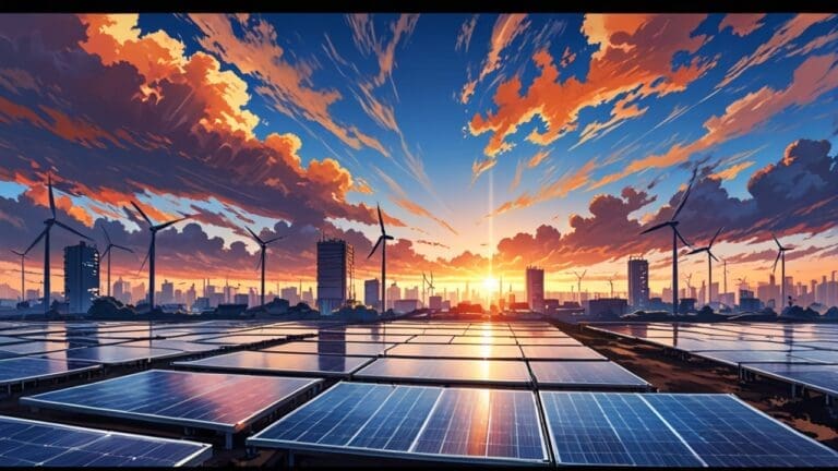 Vista moderna de un centro de innovación tecnológica con paneles solares al amanecer