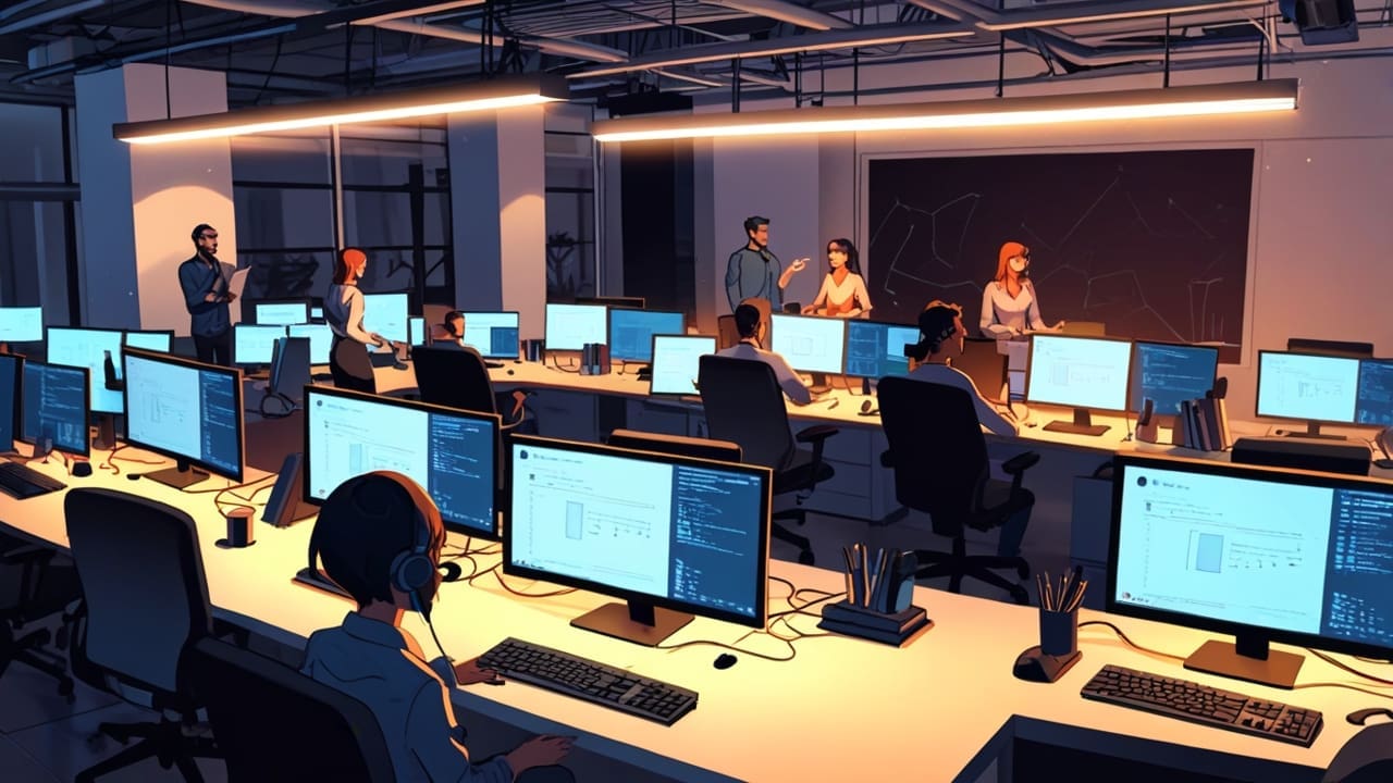 Oficina moderna con equipo de startup tecnológica trabajando en computadores