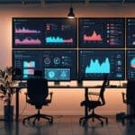 Oficinas de una startup de tecnología con pantallas que muestran gráficos de IA.