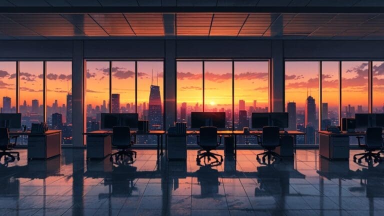Oficinas modernas de una empresa tecnológica al atardecer